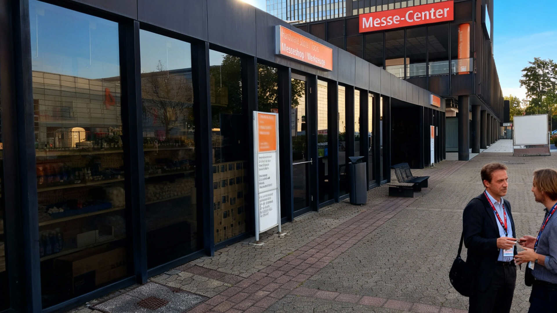 Zwei Messebesucher unterhalten sich vor den Eingang des Messeshops